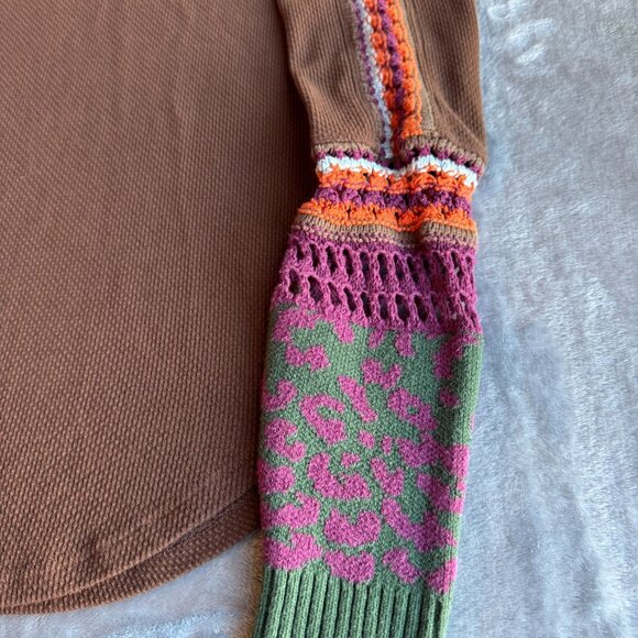 Free People Boho Crochet Sleeve Thermal Top – Size L – Mixed Knit Multicolor - Picture 6 of 6
